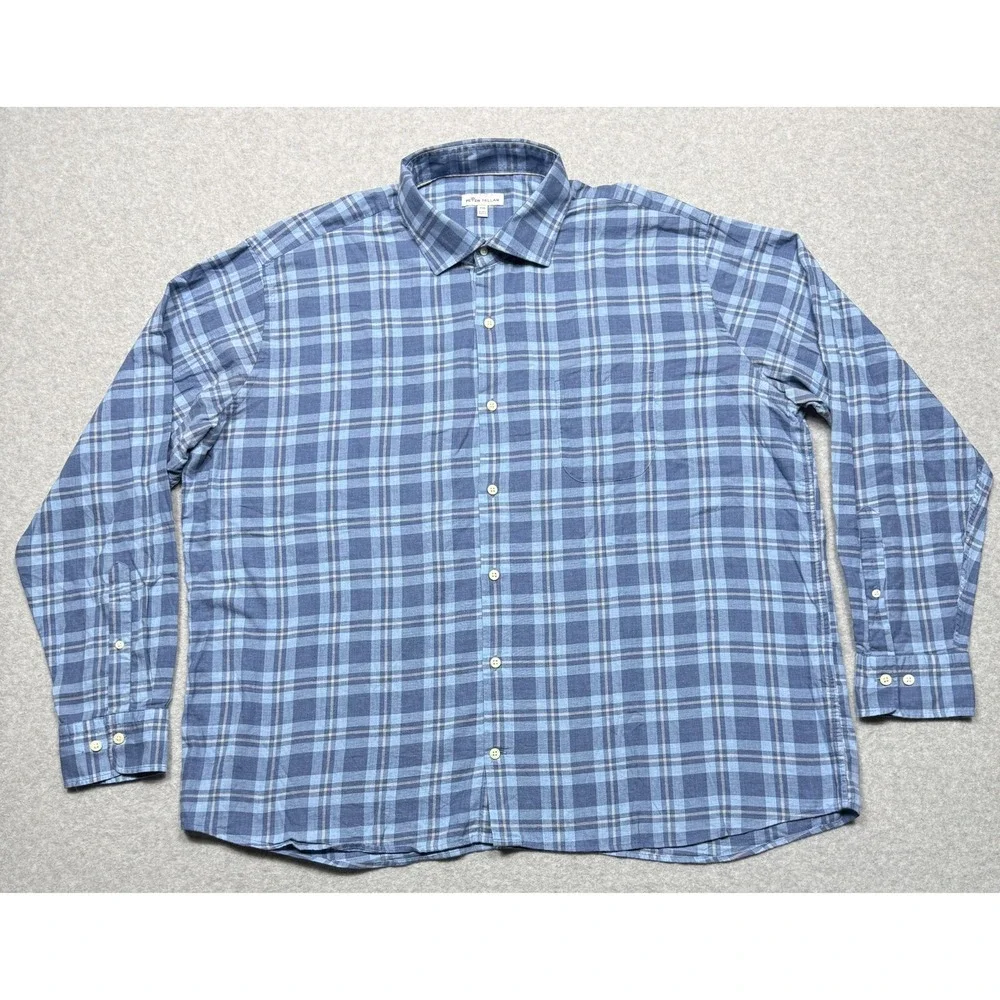 Peter Millar Shirt Mens XXL Blue Plaid Crown Long Sleeve‎ Casual Button Up